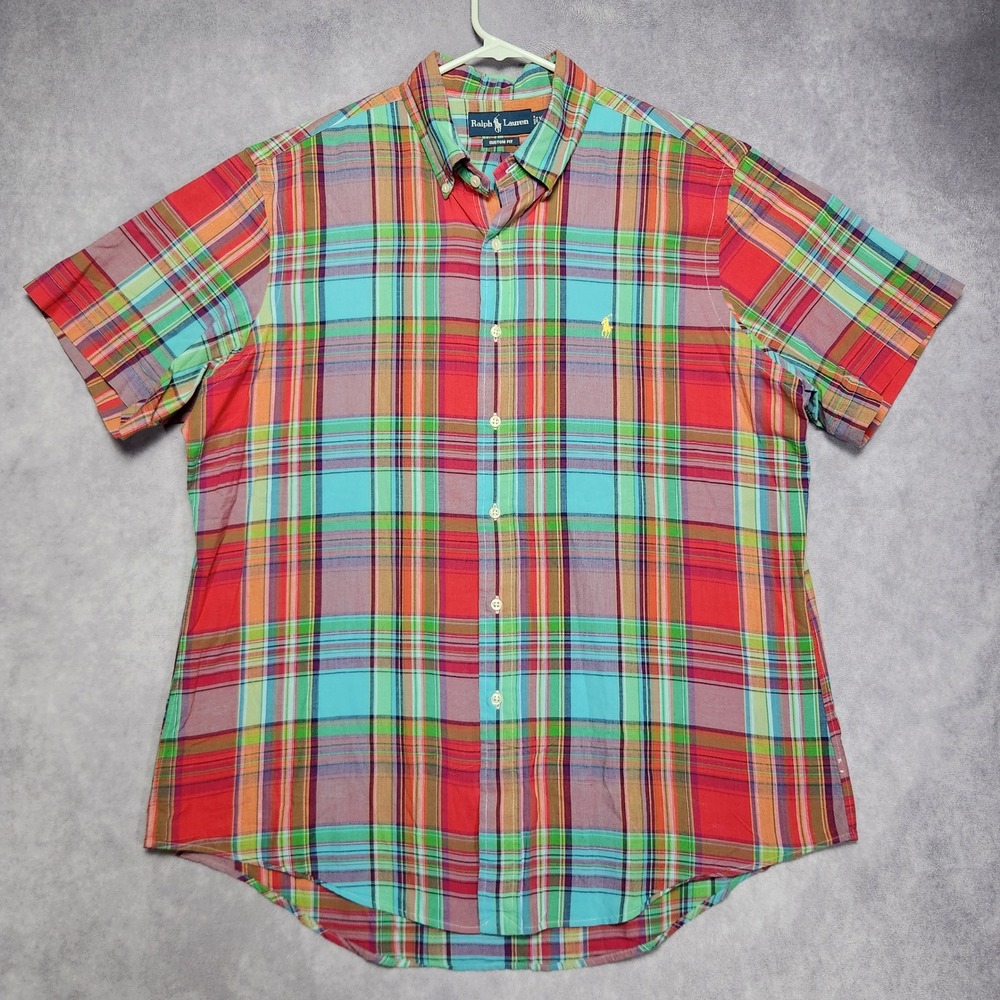 Polo Ralph Lauren Mens XL Custom Fit Plaid Short Sleeve Shirt Red Green